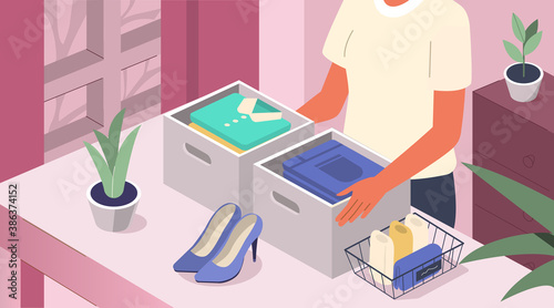 Woman Folding Clothes and Accessories in Boxes, Drawers and Metal Basket. Room Cleaning, Sorting Stuff and Tidying Clothes in Wardrobe. Home Organizing Concept. Flat Isometric Vector Illustration.