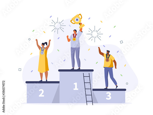 People Characters standing on Podium. Winner holding Gold Cup and Celebrating Victory. Woman and Man Successfully Achieve Reward. Winners and Prize. Success Concept. Flat Cartoon Vector Illustration.