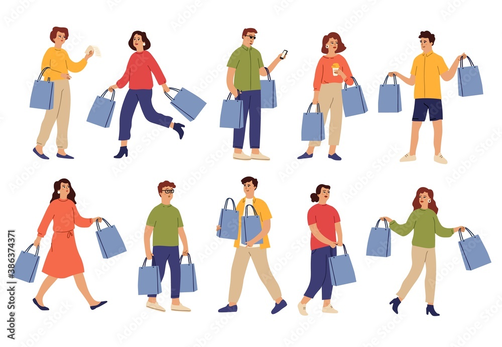 People with purchases. Shopping bag, shop guy and female buying on crazy sale. Isolated shopper character, happy person in retail vector set. Guy and woman in retail with purchase illustration