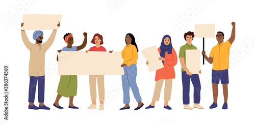 Demonstration. Interracial rights manifestation, men women protesting power. Isolated activists blank placard vector concept. Illustration protesting and manifestation right, interracial picket