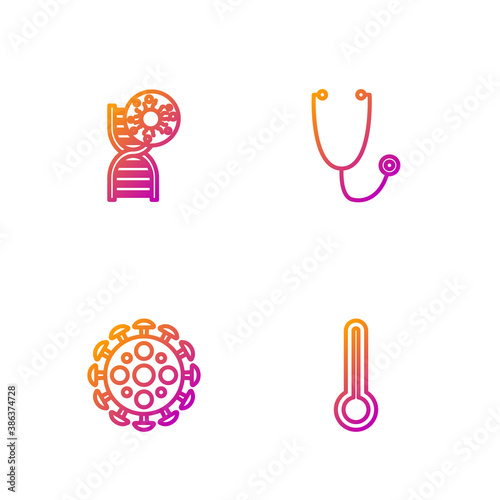Set line Medical thermometer, Virus, DNA symbol and virus and Stethoscope. Gradient color icons. Vector.