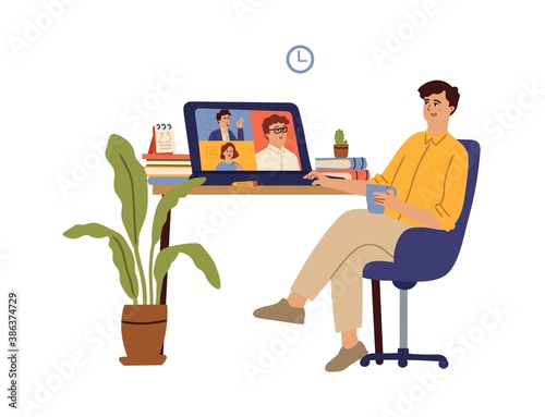 Video conference. Internet learning, computer virtual meeting with friends. Business call, online communication or training vector concept. Illustration internet communication, video meeting