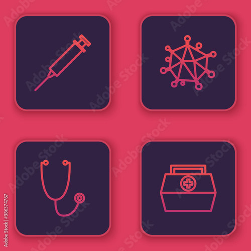 Set line Syringe, Stethoscope, Virus and First aid kit. Blue square button. Vector.