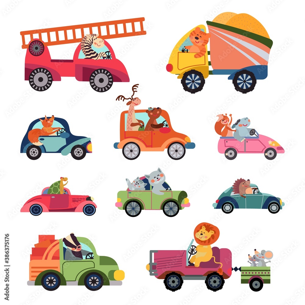 Fototapeta Animal car drivers. Cartoon kids vehicle, funny animals transportation group. Cute racers, isolated reptiles lion driving vector characters. Illustration cartoon car driver, driving machine lorry