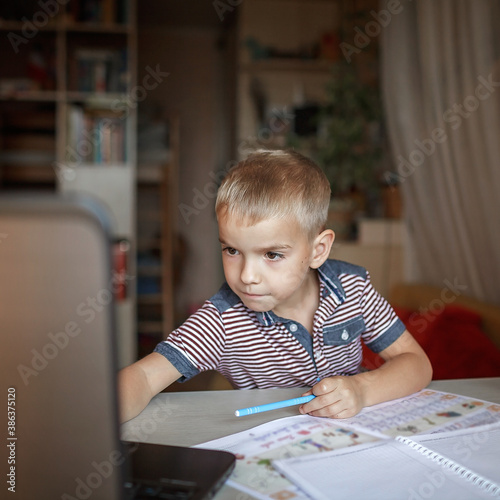 Distant education, online class meeting. Schoolchild studying during online lesson at home