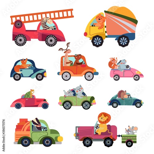 Animal car drivers. Cartoon kids vehicle, funny animals transportation group. Cute racers, isolated reptiles lion driving vector characters. Illustration cartoon car driver, driving machine lorry
