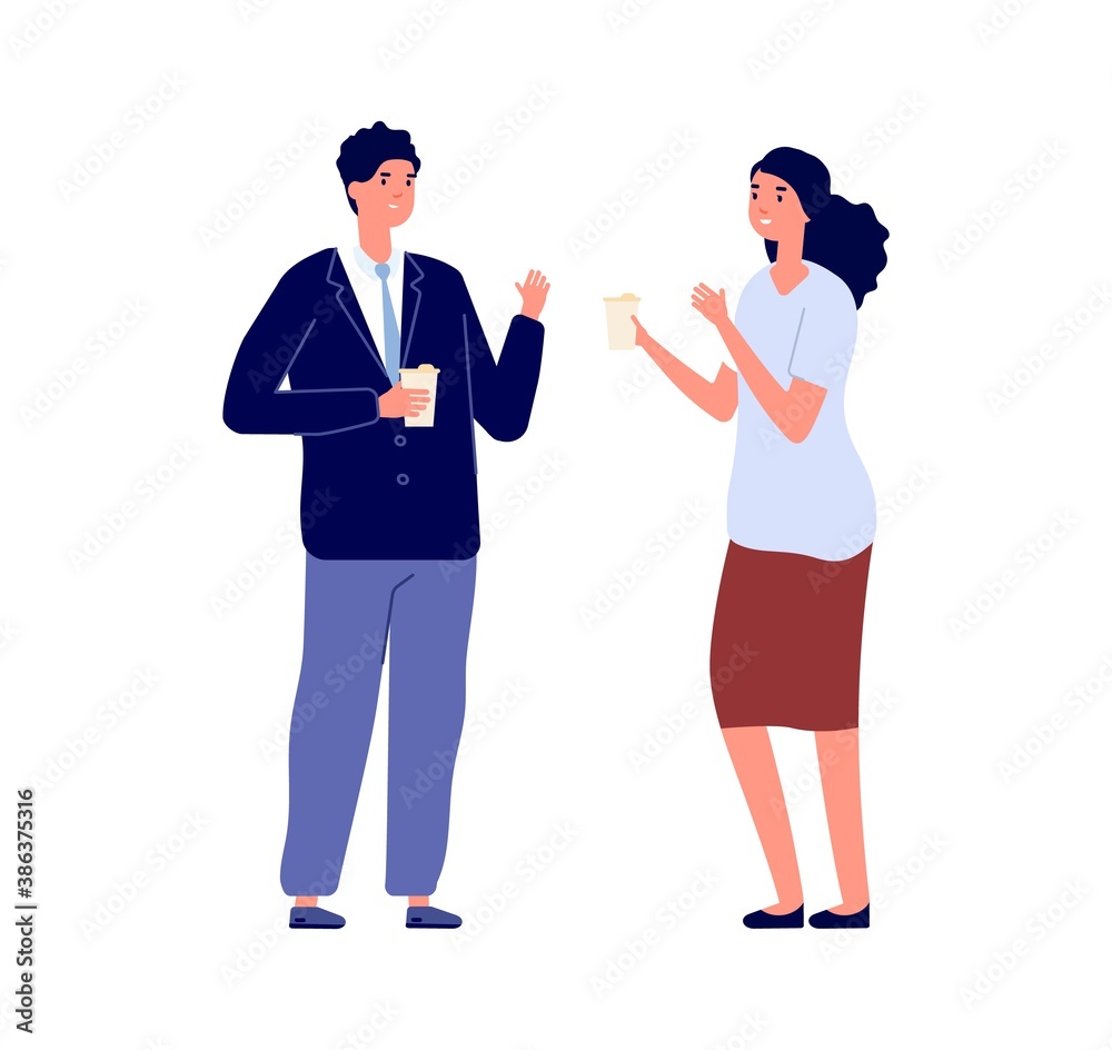 Business conversation. Businesspeople talking, man woman holding eco mugs. Manager on lunch or coffee break, isolated flat office workers vector characters. Illustration business conversation meeting Business conversation. Businesspeople talking, man woman holding eco mugs. Manager on lunch or coffee break, isolated flat office workers vector characters. Illustration business conversation meeting