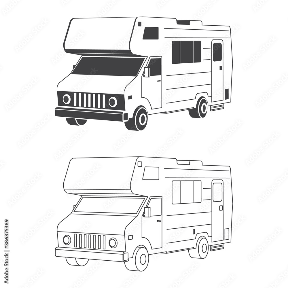 Set of isometric traveler truck camper thin line and silhuette 3d