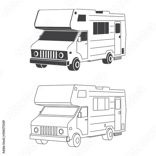 Set of isometric traveler truck camper thin line and silhuette 3d Camping RV trailer family caravan outline icon. RV travel camper isolated on white. Summer camper family travel concept. Vector