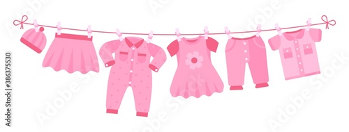 Girl newborn clothes. Cute pink dress, hat pants drying on clothesline. Isolated cartoon apparel for little female vector illustration. Baby pink clothes, trousers and shirt after washing