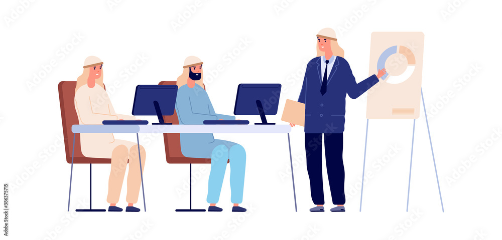 Product presentation concept. Man near board in office, professional exam training or business meeting. Arab businessman working vector character. Illustration man presentation, office meeting team