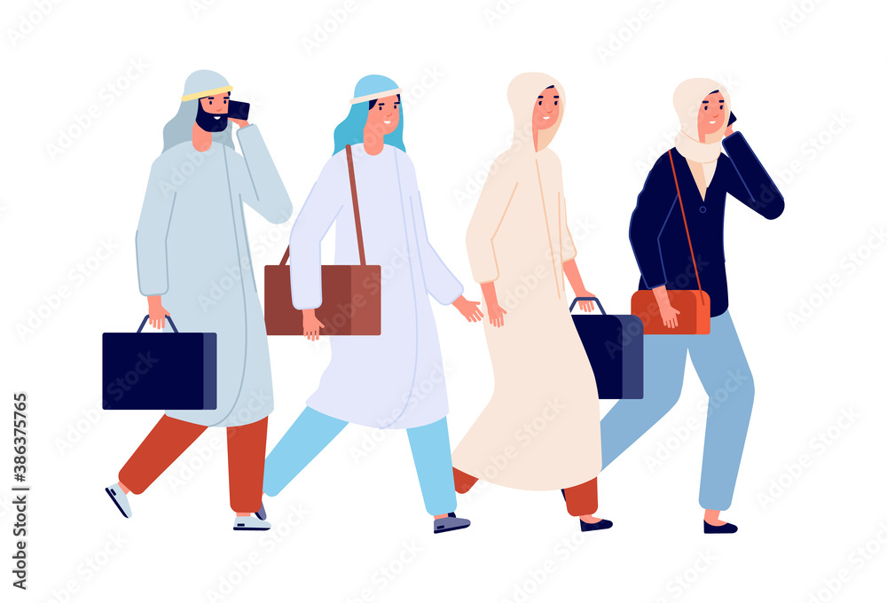 Successful business team. Arab female working, man woman office managers. Friends walking together, friendship or teamwork vector illustration. Team female and male, teamwork businessman businesswoman Successful business team. Arab female working, man woman office managers. Friends walking together, friendship or teamwork vector illustration. Team female and male, teamwork businessman businesswoman