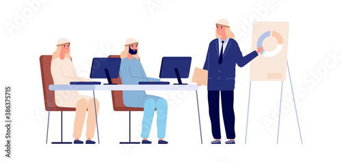 Product presentation concept. Man near board in office, professional exam training or business meeting. Arab businessman working vector character. Illustration man presentation, office meeting team