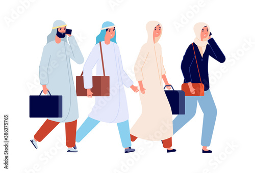 Successful business team. Arab female working, man woman office managers. Friends walking together, friendship or teamwork vector illustration. Team female and male, teamwork businessman businesswoman