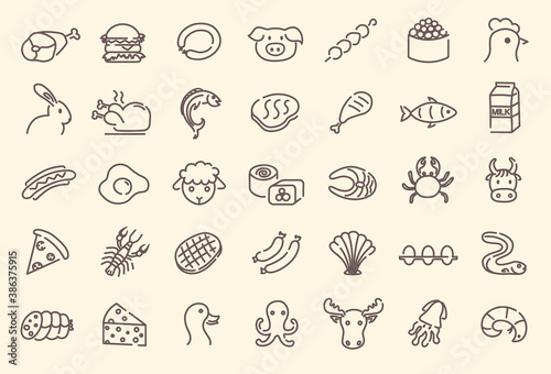 Set of food related icons. Meat  poultry  fish and eggs. Outline icons collection. minimal thin line vector illustration.