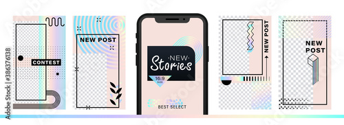 Set of abstract trendy design for stories with dispersion effect.  Editable template for social networks stories. For create trendy stories, sales, poster, new posts in memphis and hipster style.