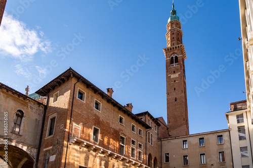 Clock tower "Torre Bissara" of the "Basilica Palladiana" in "Piazza dei Signori" Square in Vicenza, Veneto region of Italy