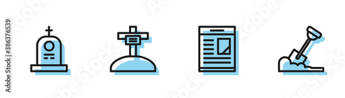 Set line Obituaries, Grave with tombstone, cross and Shovel in the ground icon. Vector.