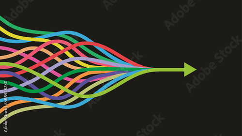 Vector illustration. Colorful lines intertwined in arrow. Dimensions 16:9.	