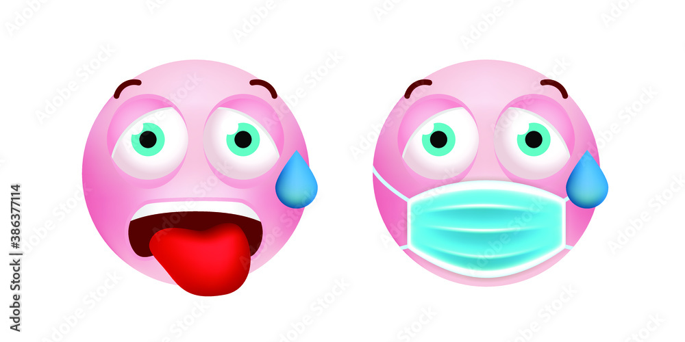 Cute Pink Emoticon with Cartoon Style with Medical Facial Mask on White Background . Isolated Vector Illustration Cute Pink Emoticon with Cartoon Style with Medical Facial Mask on White Background . Isolated Vector Illustration