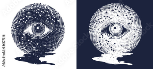 All seeing eye in space tattoo. Star river and universe. Freemason and spiritual symbols. Alchemy, occultism and esoteric t-shirt design. Black and white vector graphics