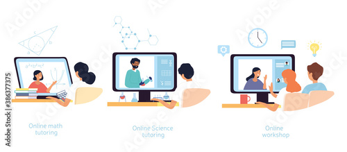 Personalized online learning concept. Video lessons, home schooling, modern educational platform science tutoring. Set of flat cartoon vector illustration.