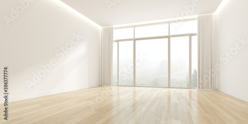 3d rendering of modern empty room with wooden floor and large window on nature background. © nuchao