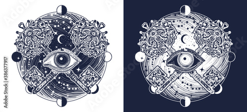 All seeing eye tattoo occult art, masonic symbol and vintage magic key. Mystical esoteric symbol of secret knowledge. T-shirt design. Black and white vector graphics