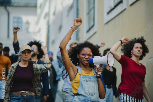 Canvastavla Group of people activists protesting on streets, strike and demonstration concept