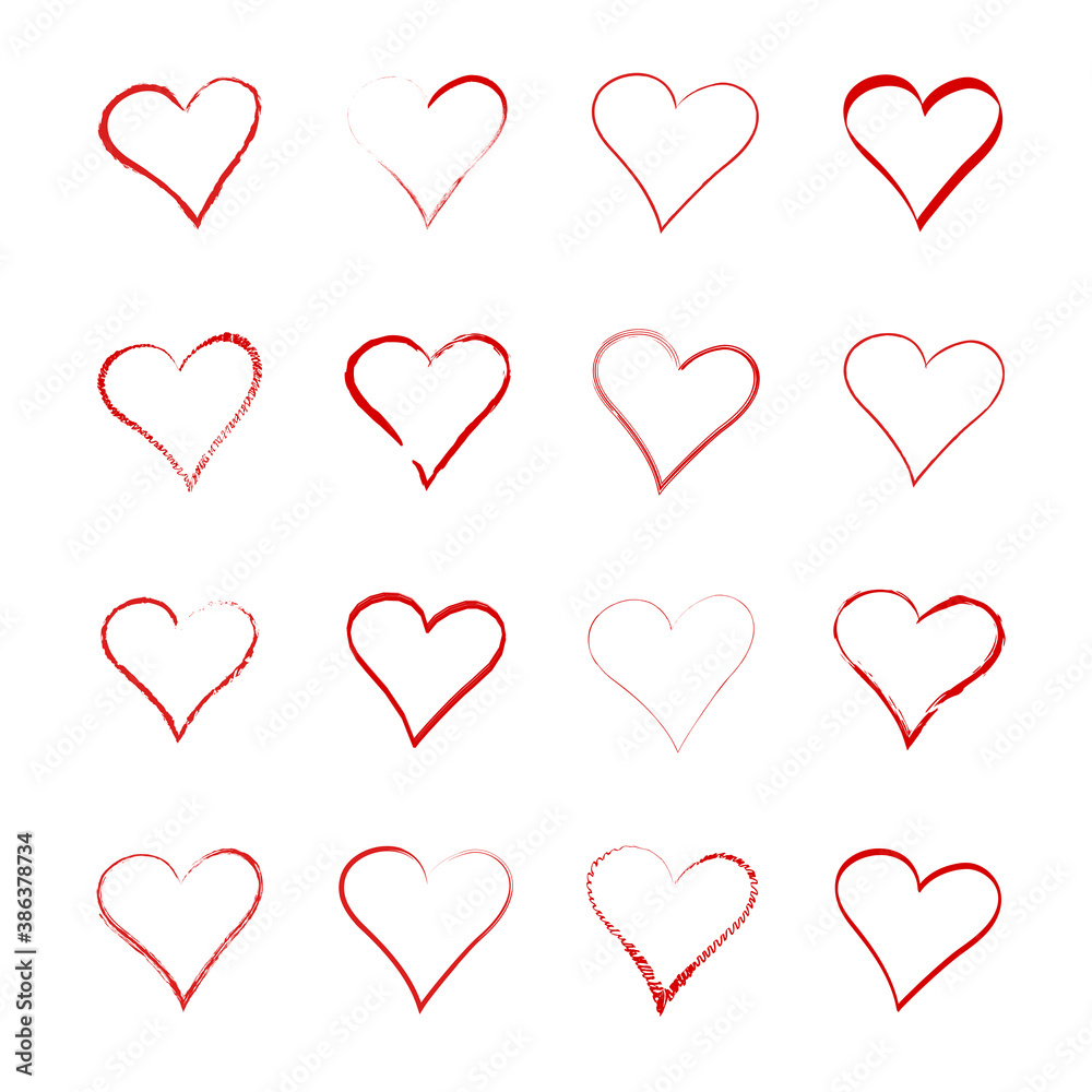 Red heart hand drawn icons set isolated on white background. Collection of hand drawn hearts for love symbol, wallpaper and Valentine's day. Creative outline frame. Heart and love vector Red heart hand drawn icons set isolated on white background. Collection of hand drawn hearts for love symbol, wallpaper and Valentine's day. Creative outline frame. Heart and love vector