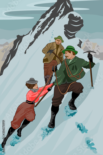 Retro illustration of climbers two men and one woman in the snow vintage poster vector