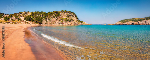 Warm summer day on the Voidokilia resort. Vivid colors morning scene on the Ionian Sea, Pilos town location, Greece, Europe. Beauty of nature concept background.