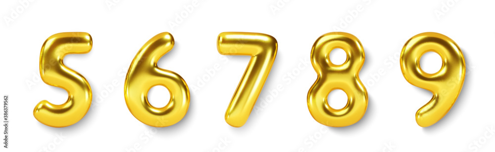 Gold Number Balloons set. Vector realistic golden3d character - obrazy, fototapety, plakaty 