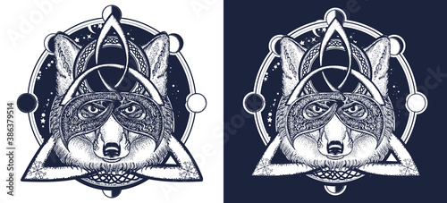 Fox viking tattoo and t-shirt design. Black and white vector graphics