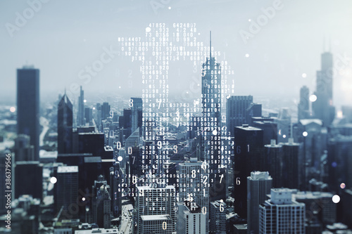 Double exposure of creative Bitcoin symbol hologram on Chicago office buildings background. Mining and blockchain concept
