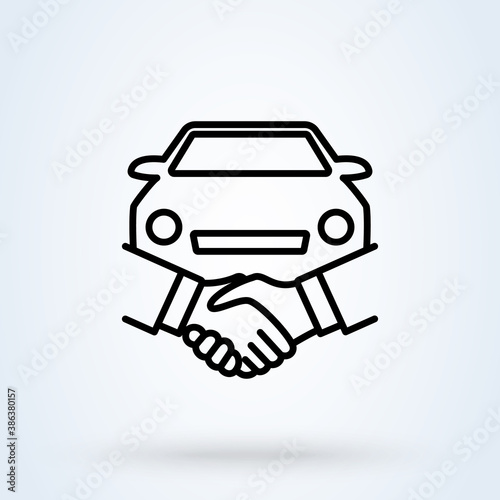 Car Deal with Hand shake sign line icon or logo. Business shaking concept. Car dealer making a deal handshake vector linear illustration.