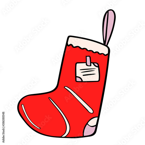 Christmas red sock vector hand drawn. Holiday stocking for gifts with greeting card and wishes.  Xmas attribute of Santa Claus present sign. Illustration in cartoon style.