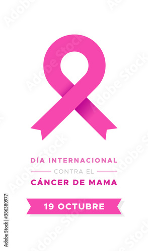 International Day of Breast Cancer in Spanish. Dia internacional contra el cancer de mama. Modern pink ribbon. Vector illustration, flat design