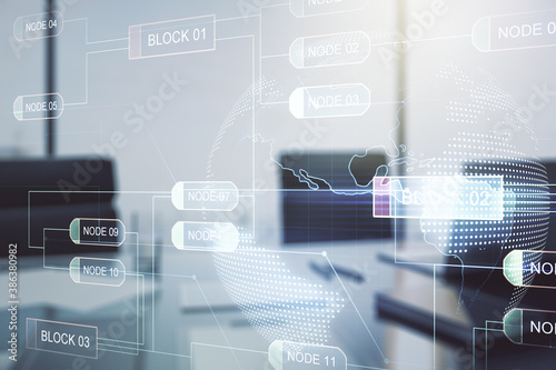 Double exposure of abstract programming language with world map and modern desktop with laptop on background, research and development concept