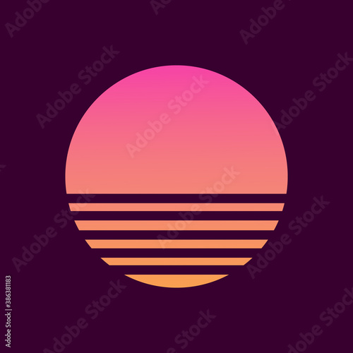 Retro sunset in the style of the 80s-90s. Abstract background with a sunny gradient. Purple and yellow colors. Design template for logo, icons, banners, prints. Isolated dark background. Vector © Orange Brush