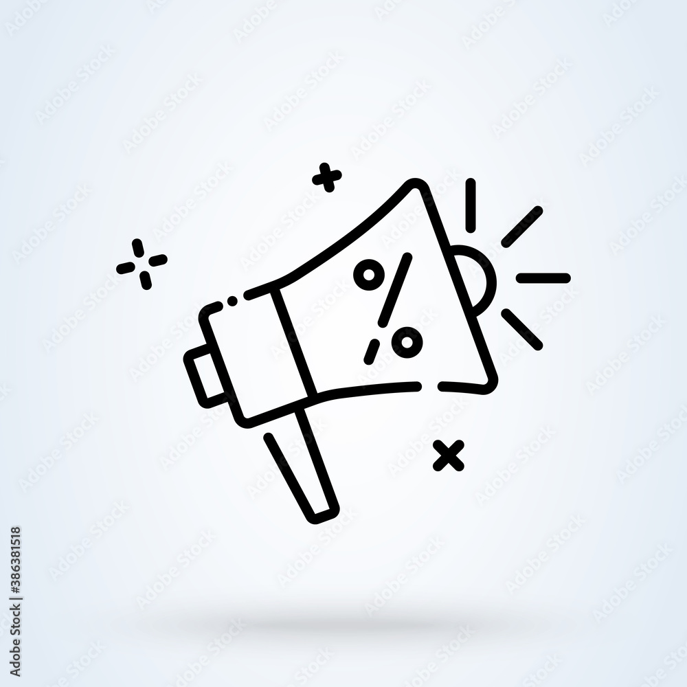 Megaphone with percent discounts line icon or logo. Megaphone Speaker concept. Megaphone promotion vector linear illustration. Megaphone with percent discounts line icon or logo. Megaphone Speaker concept. Megaphone promotion vector linear illustration.