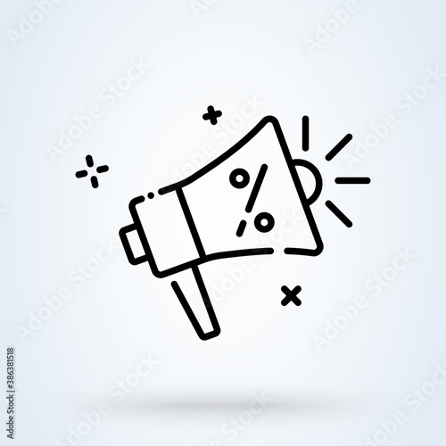 Megaphone with percent discounts line icon or logo. Megaphone Speaker concept. Megaphone promotion vector linear illustration.