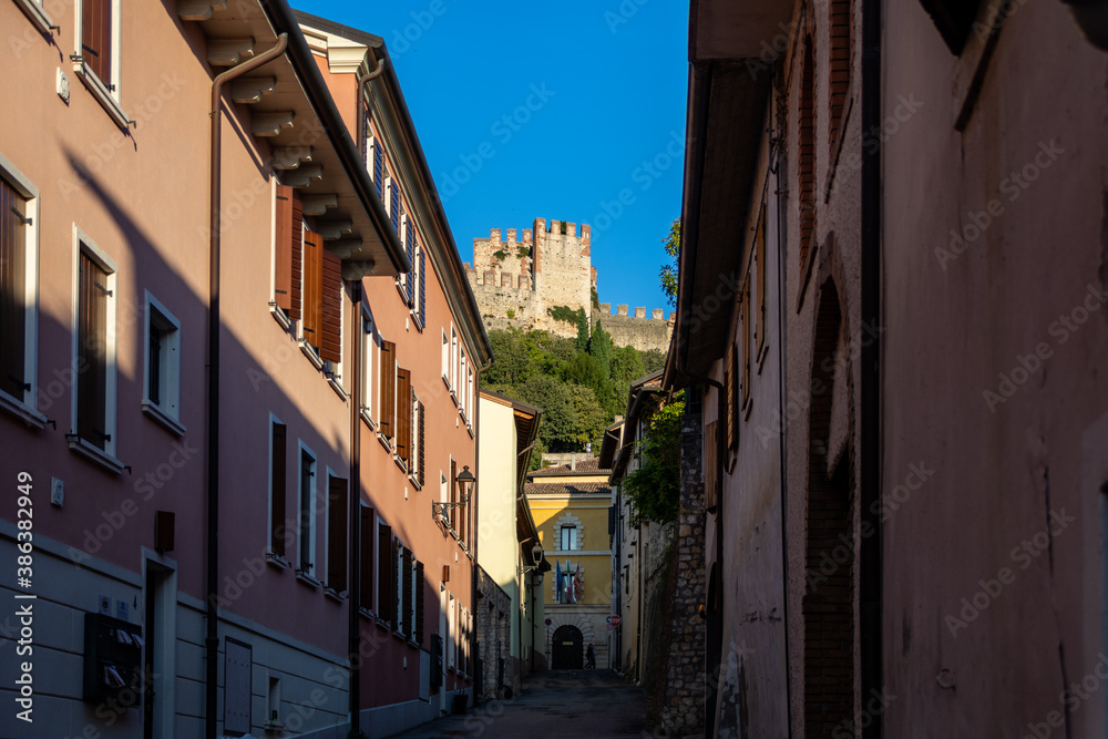Medieval Town with a Castle and surrounding city wall of Soave in the province of Verona, Italy in autumn 
