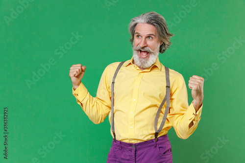 Excited joyful elderly gray-haired mustache bearded man in basic yellow shirt suspenders clenching fists doing winner gesture looking camera isolated on bright green colour background studio portrait. © ViDi Studio