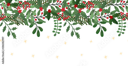Vector christmas seamless pattern with illustration of wreath. Use it as decor for wab page, greeting card, poster, banner, flyer, cover, placard, brochure and other graphic design photo