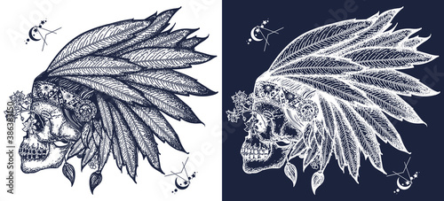 Indian skull tattoo art. Warrior symbol. Native American t-shirt design. Black and white vector graphics