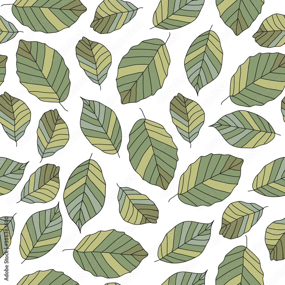 Vector seamless pattern with green leaves isolated on the white background. Autumn concept. Floral fall illustration. Endless background. Texture for wallpaper, background, scrapbook, fabric, textile