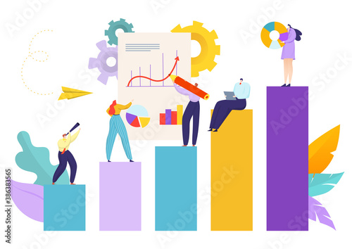 Business graph concept, flat people at background vector illustration. Businessman character communication design, success finance chart. Analysis teamwork, analyzing meeting in office.