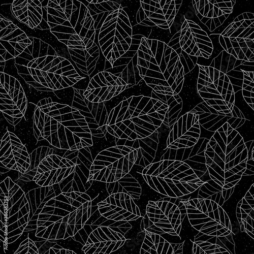 Vector seamless pattern with leaves on the black grunge background. Autumn concept. Floral fall illustration. Endless background. Texture for wallpaper, background, scrapbook, fabric, textile