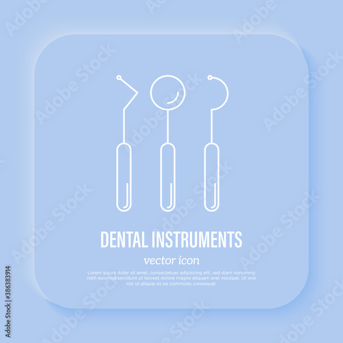Dentistry, stomatology. Dental equipment: mirror, tooth hook. Thin line icon, vector illustration.